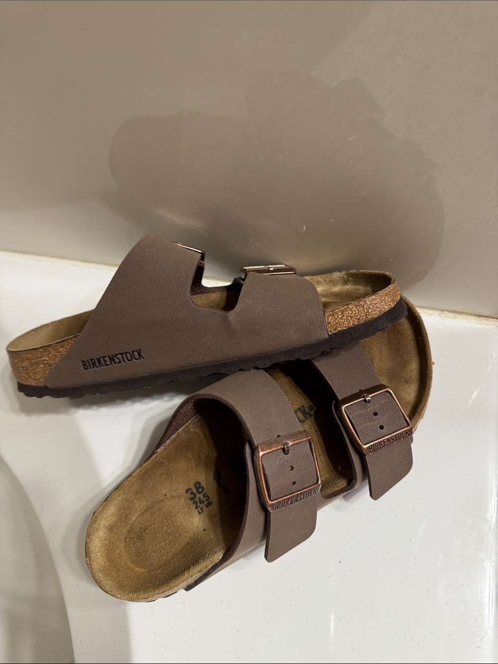 Birkenstock Arizona Dual-Band Tan Slide Sandals with Buckles - Picture 5 of 5